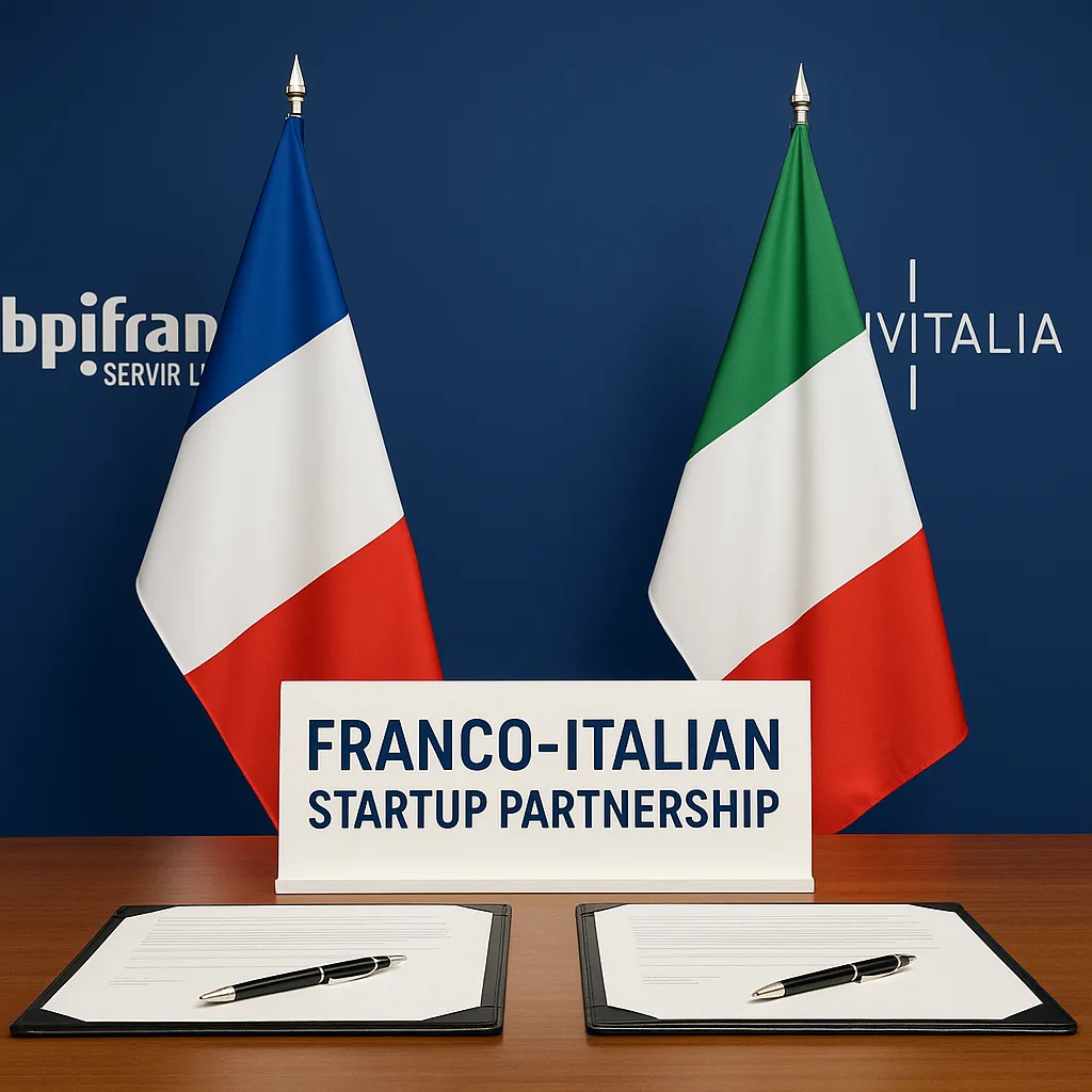Flags of France and Italy beside a conference table with startup documents, symbolizing the strategic partnership between Bpifrance and Invitalia to support cross-border innovation in Europe.