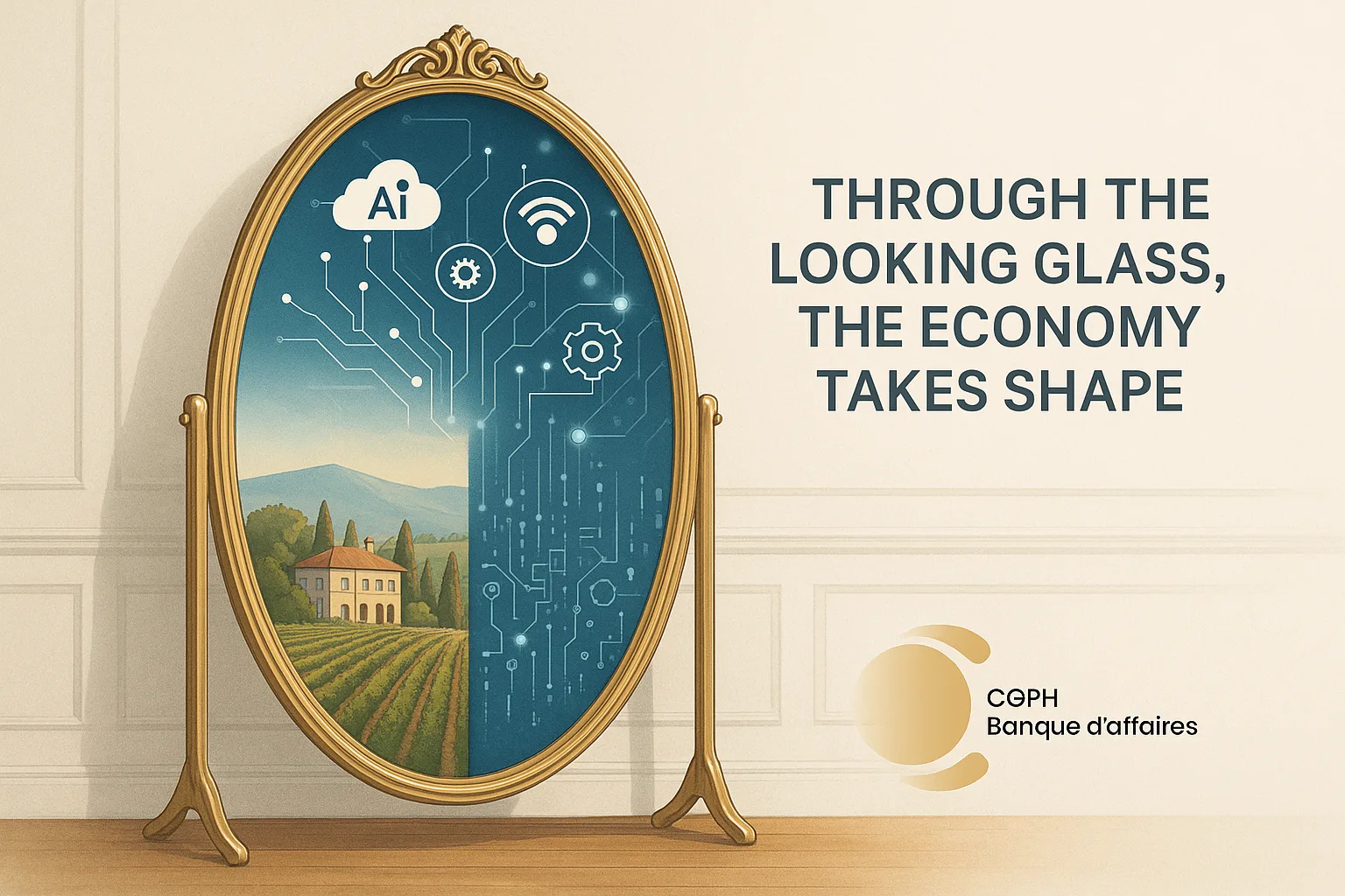A golden ornate mirror in an elegant room reflects a vineyard landscape that transitions into a digital flow of data and tech icons, symbolizing the intangible economy and the link between tangible and digital assets.
