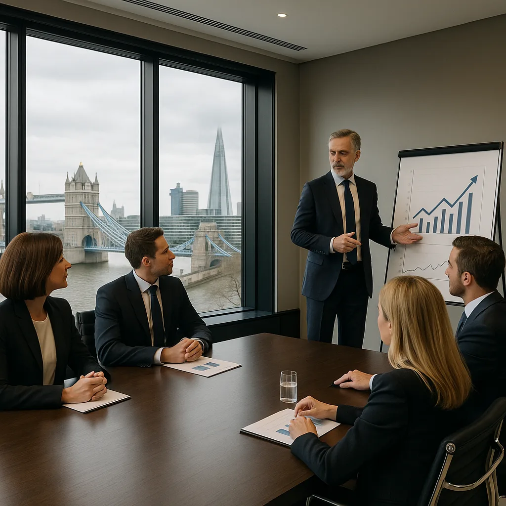 Business meeting in a modern office overlooking Tower Bridge and The Shard in London. A man in a suit presents a growth chart on a flipchart to four colleagues seated around a conference table.