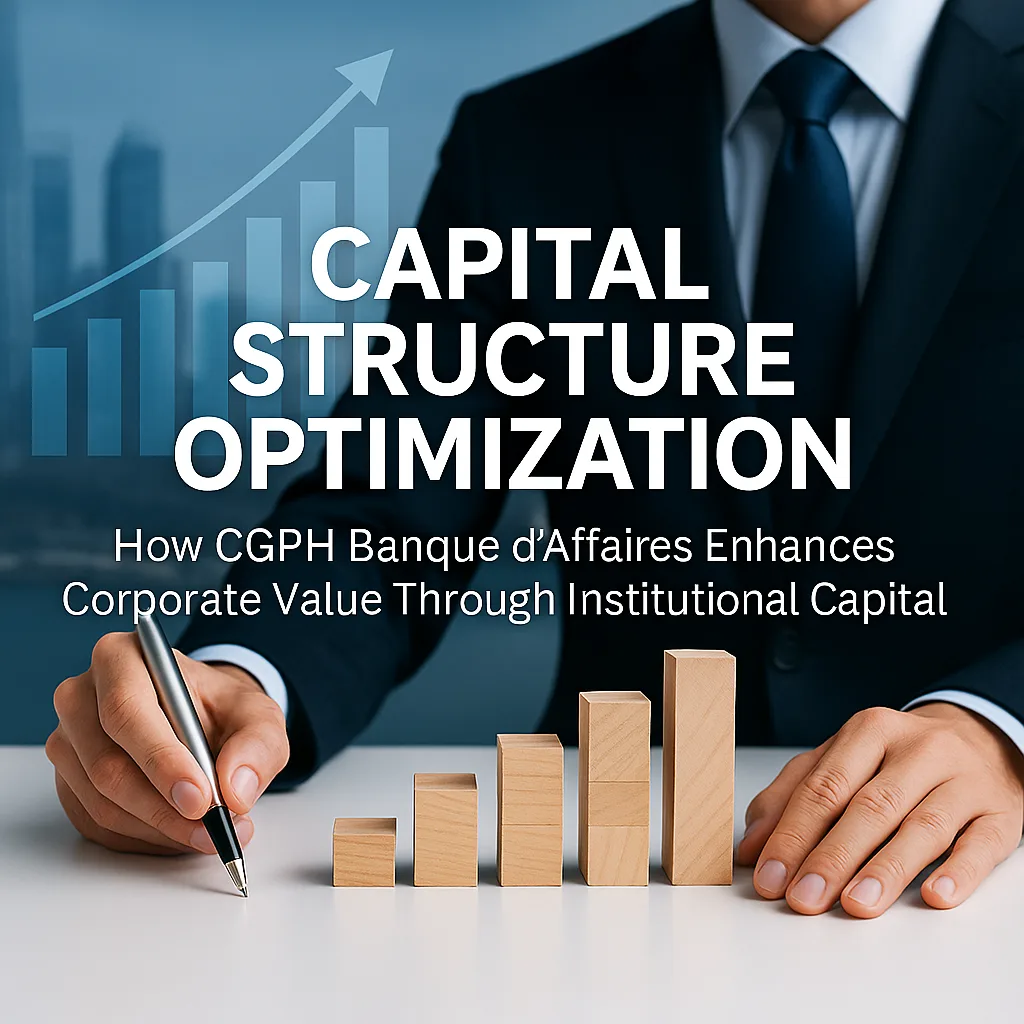 A professional business image illustrating the concept of capital structure optimization. A person in a dark suit sits at a desk with wooden blocks arranged in ascending order, symbolizing financial growth. The individual holds a pen near the blocks, with a city skyline blurred in the background. Overlaid text reads “Capital Structure Optimization — How CGPH Banque d’Affaires Enhances Corporate Value Through Institutional Capital,” accompanied by a rising bar graph with an arrow, representing progress and financial strategy.