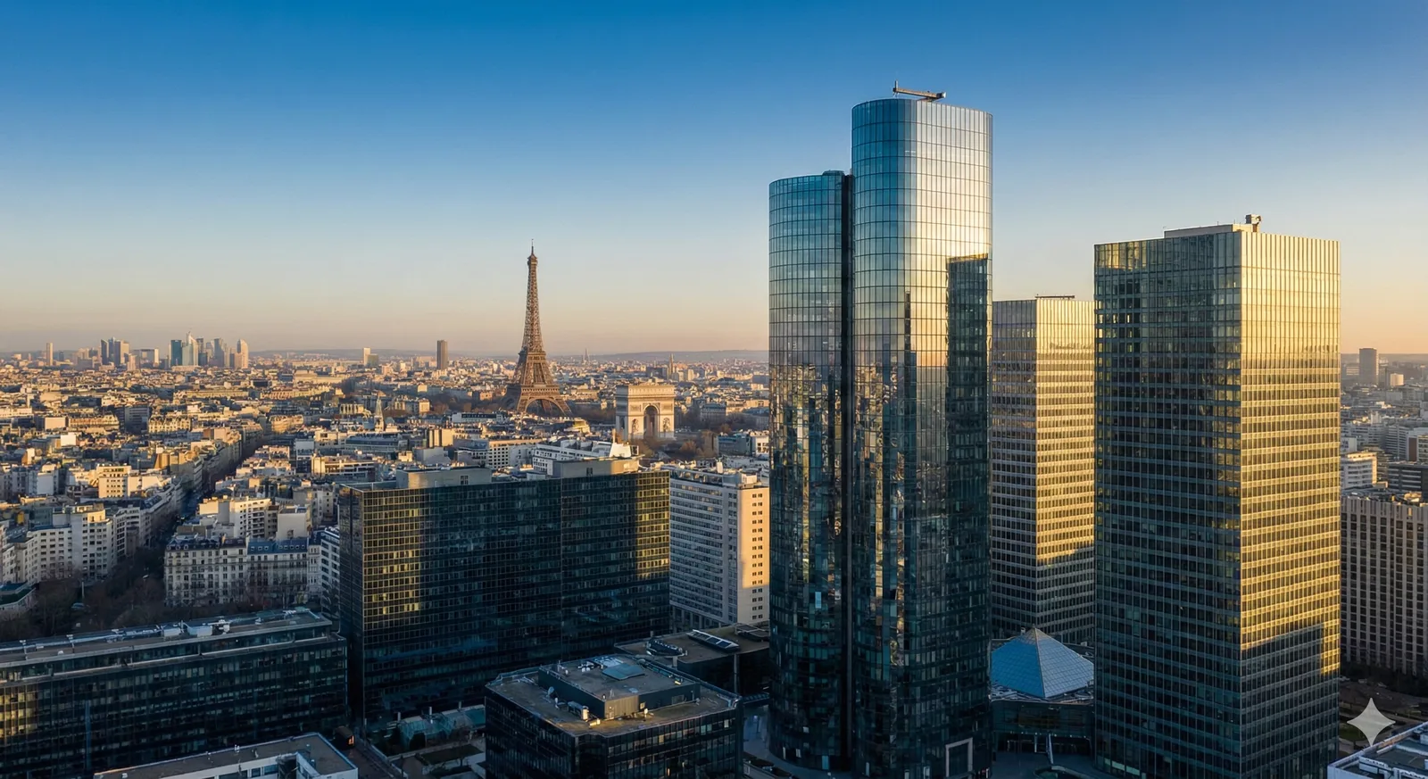 Modern office skyscrapers in Paris La Défense with Eiffel Tower view, illustrating the EMEA commercial real estate market outlook 2026 by CGPH Banque d’Affaires, specializing in cross-border investment and institutional capital.