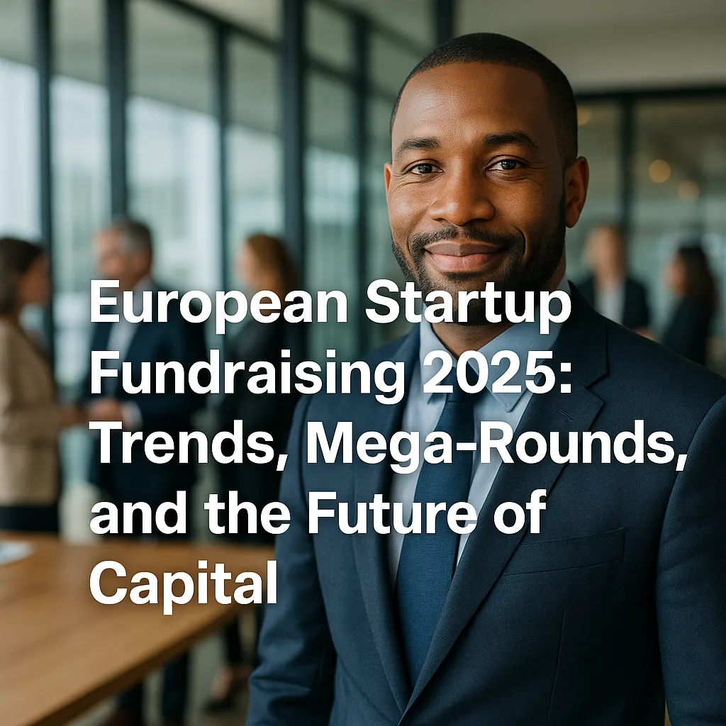 Confident business leader in a modern European office representing European startup fundraising 2025 trends, mega-round investments, and venture capital growth in AI, biotech, and deep tech across Europe.