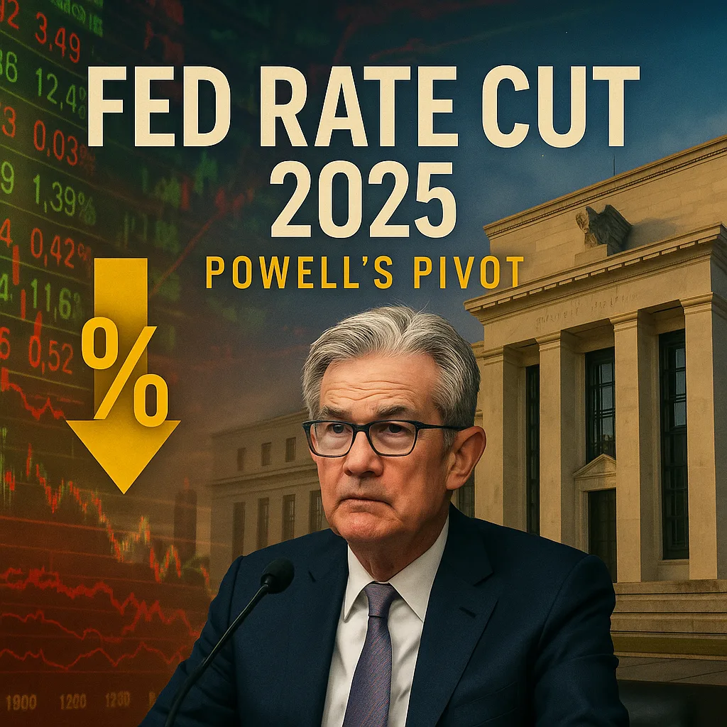 Jerome Powell, Chair of the Federal Reserve, sits at a press conference in a suit and tie, framed by the U.S. Federal Reserve building on the right and a red stock market ticker on the left. A large yellow downward arrow with a percentage sign symbolizes the interest rate cut, while bold headline text reads: “Fed Rate Cut 2025 – Powell’s Pivot.”