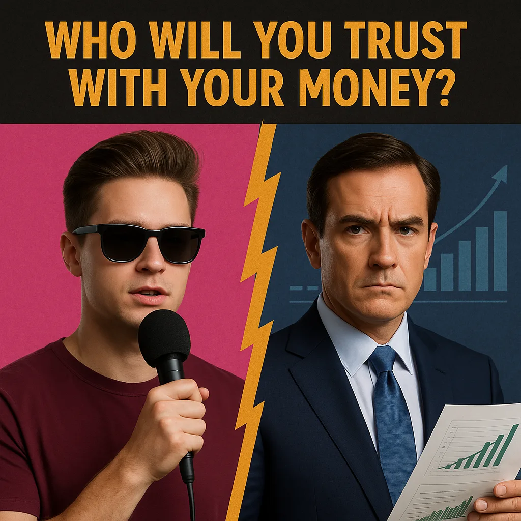 Photorealistic split image of a social media finfluencer and a banker, illustrating the Finfluencer Economy’s impact on trust in finance.