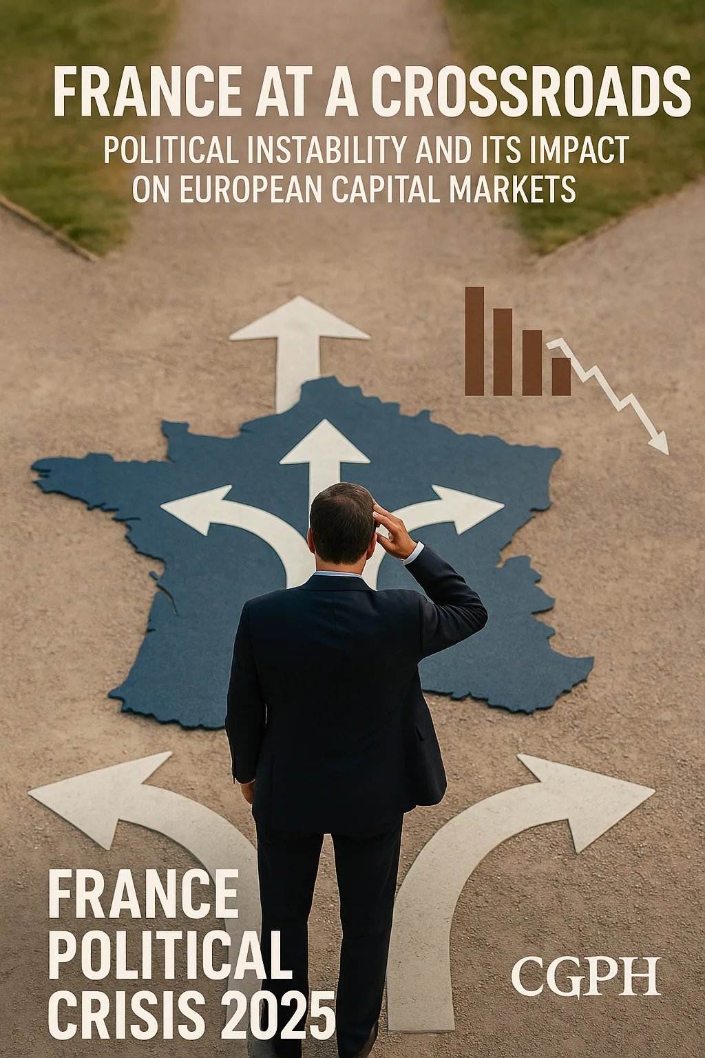A businessman in a navy suit stands at a crossroads, looking at a large blue map of France painted on the ground with three white arrows pointing in different directions. Above, the title reads ‘France at a Crossroads: Political Instability and Its Impact on European Capital Markets,’ with a downward-trending financial chart and the logo ‘CGPH.’ The scene symbolizes France’s 2025 political crisis and its effects on European markets