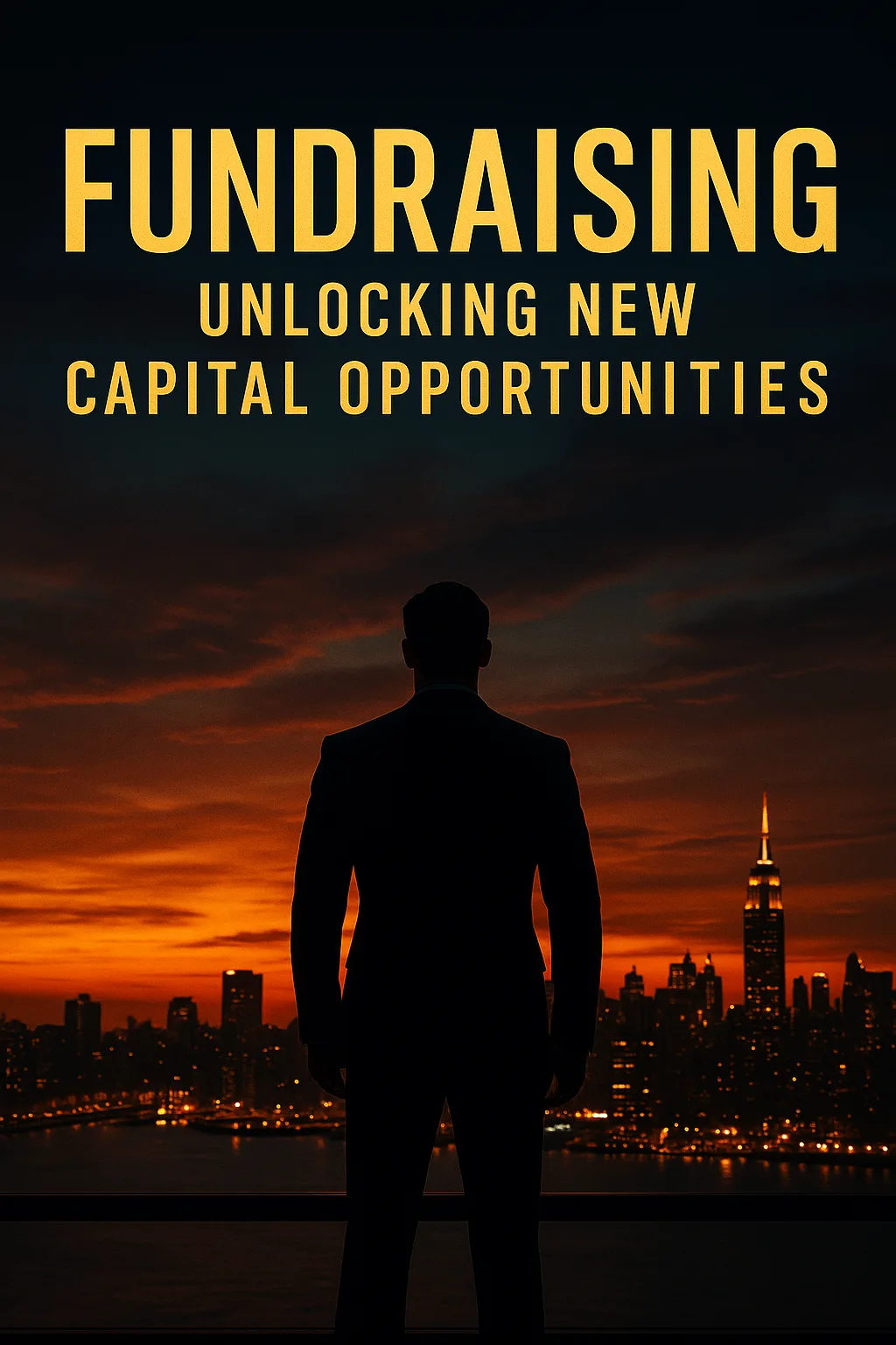 Silhouette of a businessman overlooking a glowing city skyline at sunset with bold golden title text ‘Fundraising: Unlocking New Capital Opportunities,’ symbolizing growth, capital raising, and strategic financial opportunities in 2025