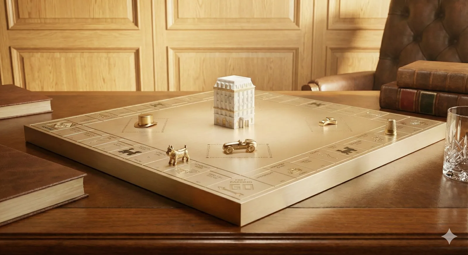 Luxury reinterpretation of a Monopoly board with real assets symbolism, featuring a central marble building and gold tokens representing institutional capital, private equity, family offices, and real asset investments.