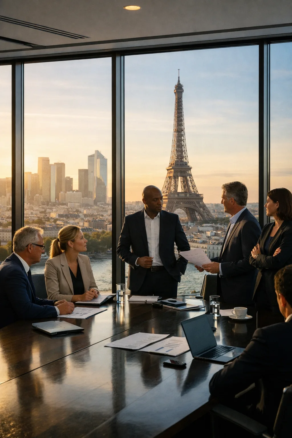 Generative AI in M&A for financial institutions discussed during a strategic boardroom meeting in Paris with Eiffel Tower view