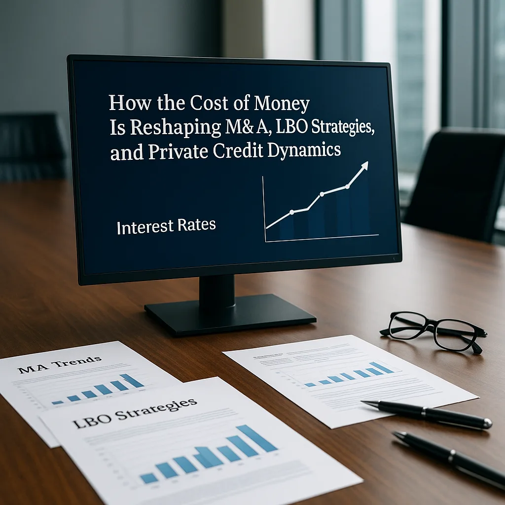 A modern conference room with a large monitor displaying the title “How the Cost of Money Is Reshaping M&A, LBO Strategies, and Private Credit Dynamics” alongside a rising interest-rate chart. On the table below, neatly arranged financial documents labeled “M&A Trends” and “LBO Strategies” show graphs and analysis, next to pens and glasses, creating a clean, executive setting focused on high-level financial strategy.