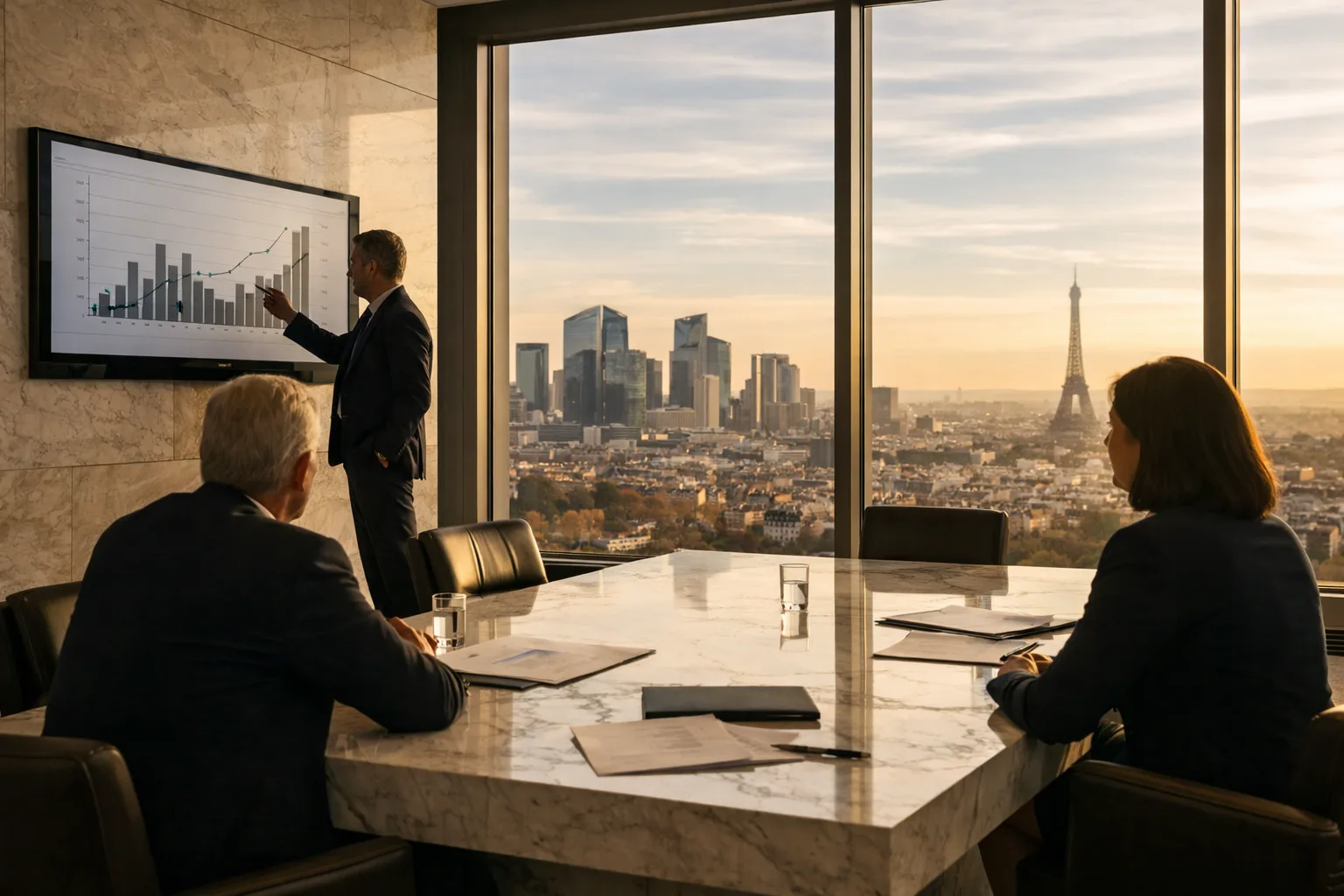 Institutional capital decision-making in a marble boardroom overlooking Paris, illustrating governance and shareholder dynamics in European fintech