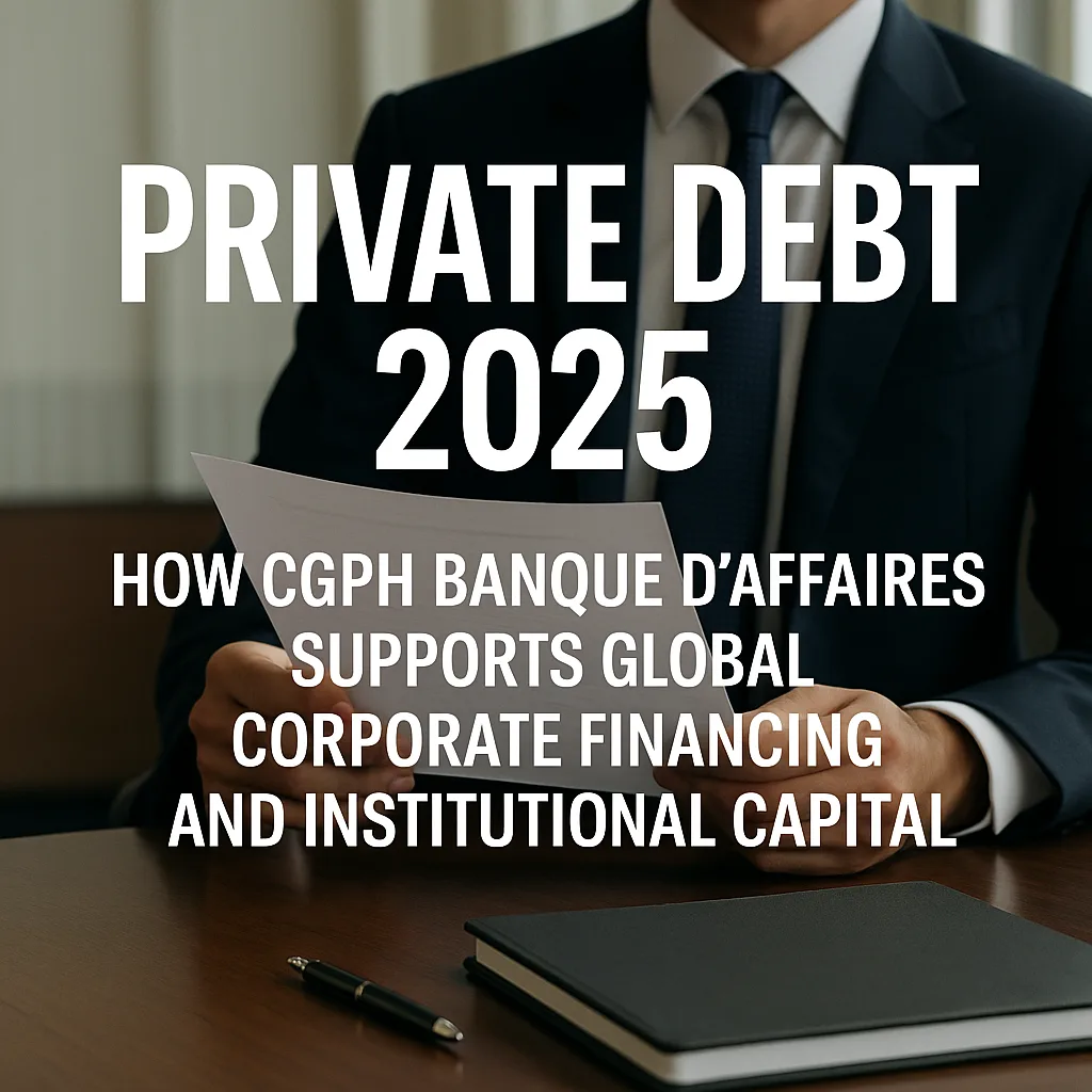 A businessman in a dark navy suit sits at a wooden desk, holding financial documents while a notebook and pen lie beside him. Bold white text overlays the image reading ‘Private Debt 2025: How CGPH Banque d’Affaires Supports Global Corporate Financing and Institutional Capital.’ The scene conveys professionalism and the analytical nature of private debt markets