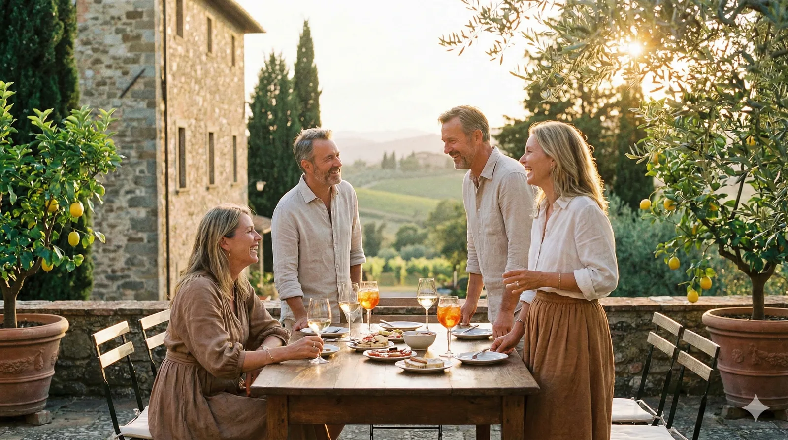 A relaxed group of friends enjoying an elegant aperitivo at a Tuscan villa at sunset, symbolizing the financial peace of mind and wealth preservation achieved through high-yield private debt and real estate asset investments