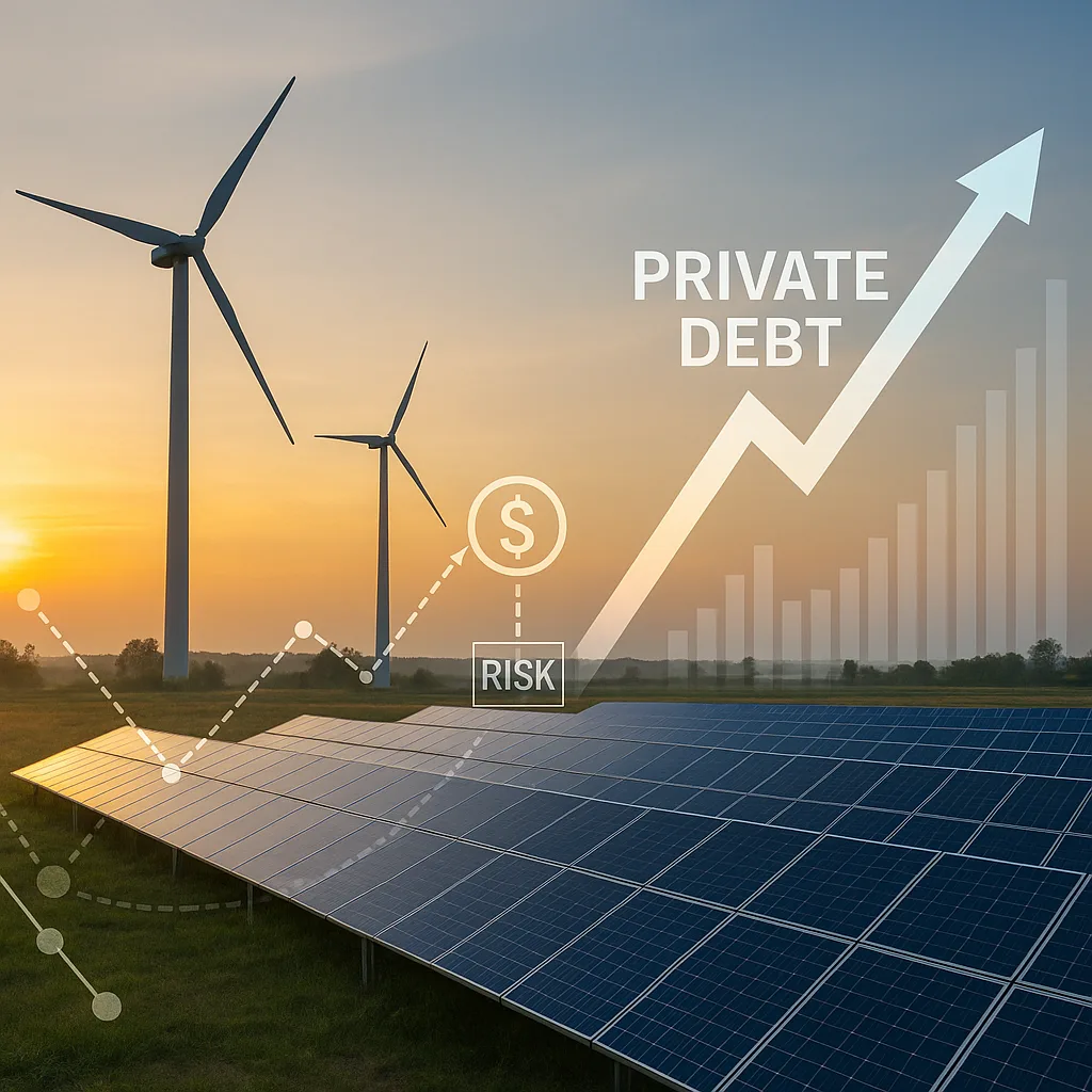 Photo of solar panels and wind turbines at sunset with overlaid financial graphics showing rising private debt trends, risk indicators, and investment symbols, illustrating the growth of institutional capital in renewable energy assets