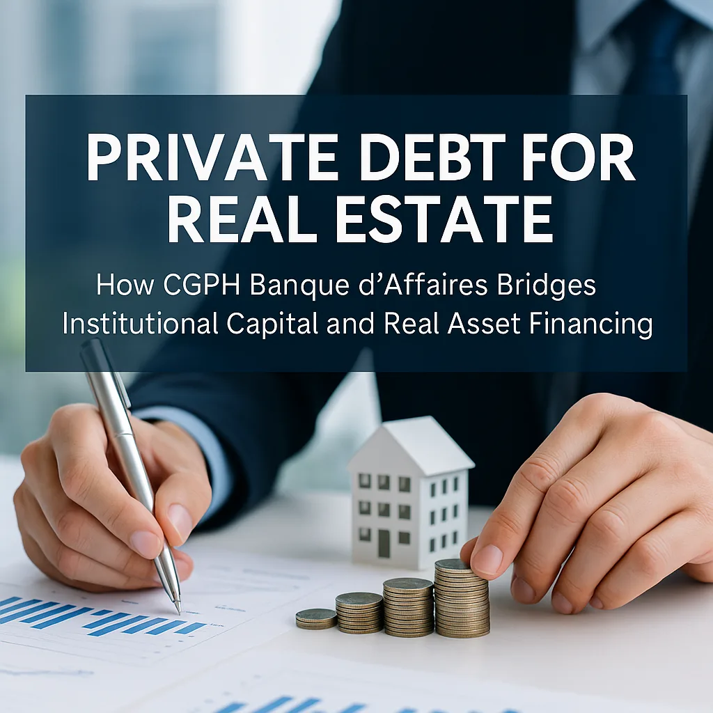 A professional business image illustrating private debt and real estate finance. In the foreground, a person in a dark suit analyzes financial charts with a pen, while their other hand rests beside neatly stacked coins and a small model house — representing structured property investment. The background is softly blurred, emphasizing focus and precision. Overlaid text reads “Private Debt for Real Estate – How CGPH Banque d’Affaires Bridges Institutional Capital and Real Asset Financing,” in bold white font on a dark blue rectangle, creating a polished, corporate aesthetic