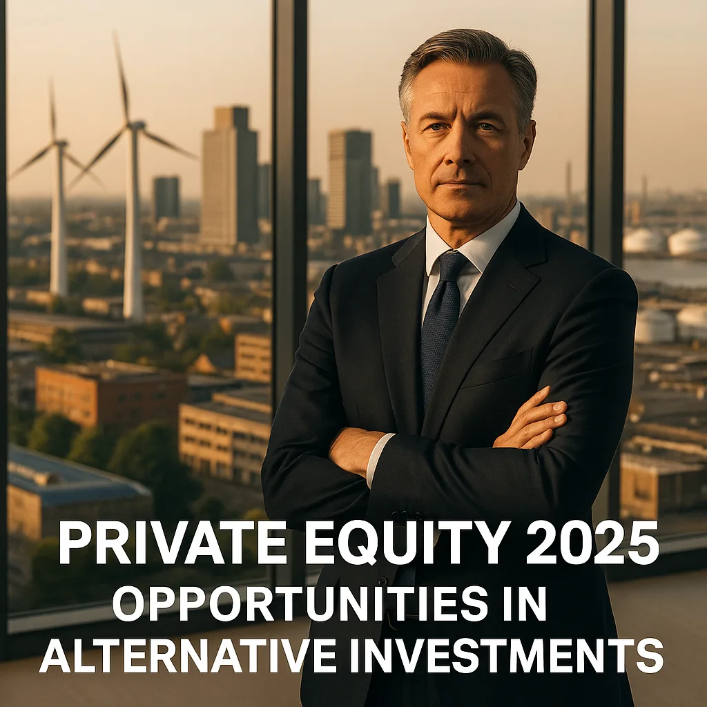 Confident business executive in a modern glass office overlooking a city skyline with wind turbines, real estate, and industrial assets—symbolizing alternative investments and private equity opportunities in 2025. The image reflects global finance, sustainability, and strategic leadership under the theme 'Private Equity 2025: Opportunities in Alternative Investments' by CGPH Banque d’Affaires