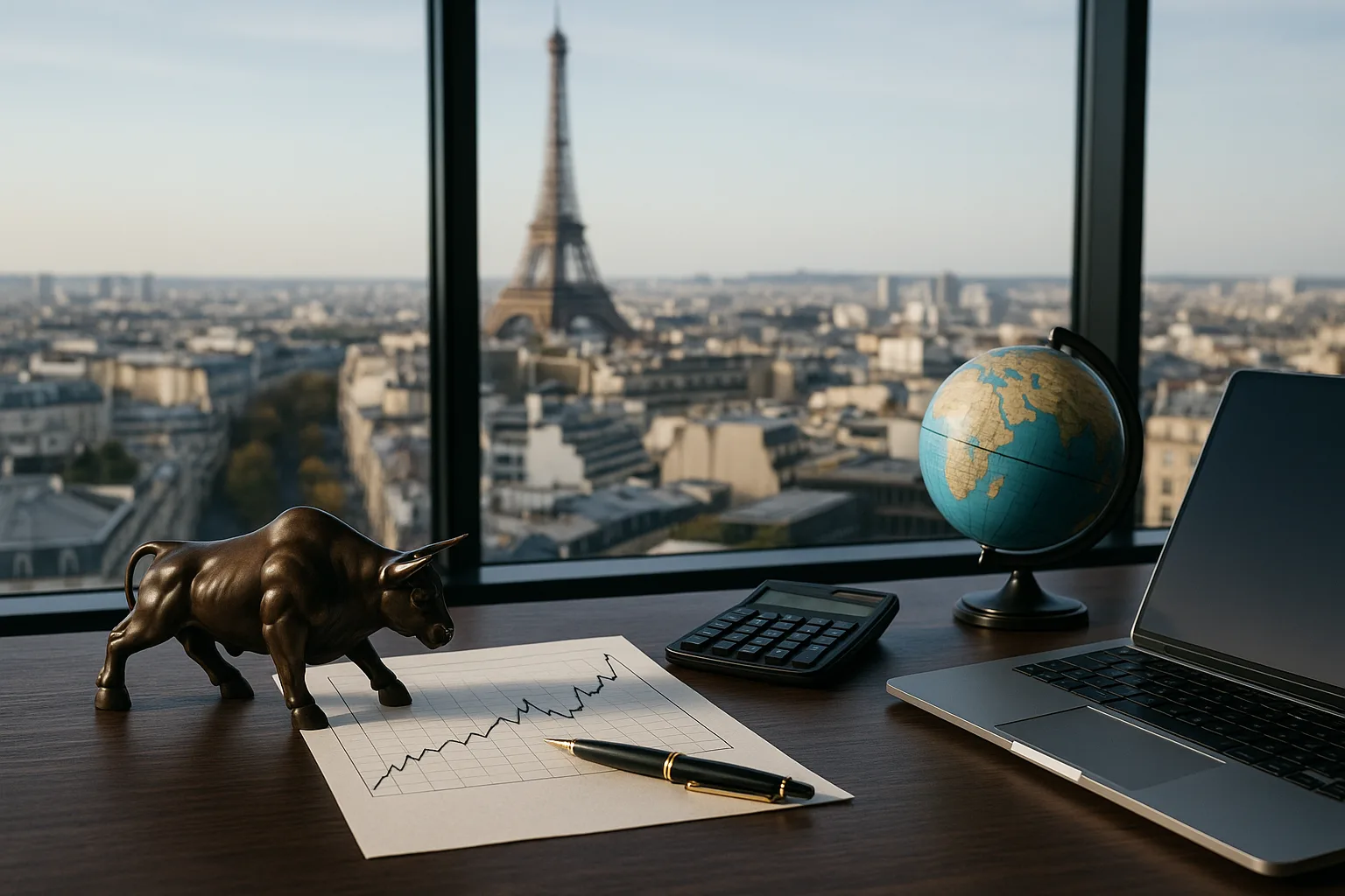 A polished executive desk inside a high-rise investment bank office overlooking Paris. In the foreground, a bronze bull figurine, financial charts, a pen, a calculator, a globe, and a laptop are arranged neatly. Through the large window, the Eiffel Tower and the Paris skyline are clearly visible under daylight.
