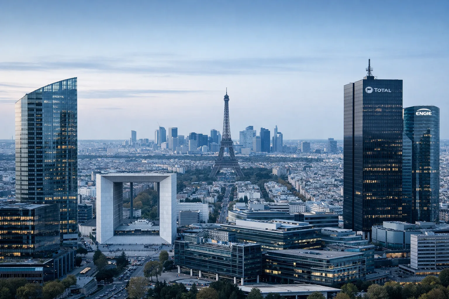 Paris La Défense skyline representing private equity and investment banking activities by CGPH Banque d’affaires