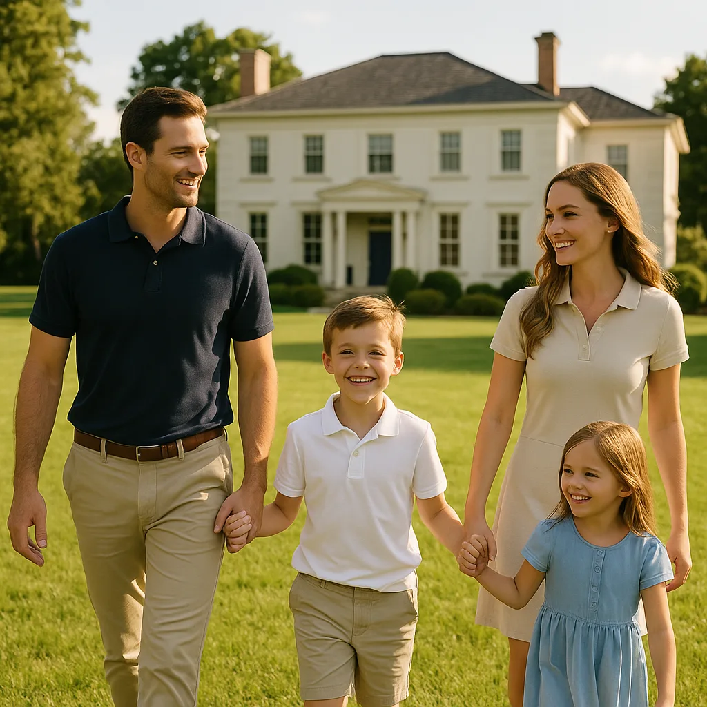 A young elegant family walking on a green lawn in front of a modern villa, smiling together — symbolizing security, trust, and the stability of investing in real assets with CGPH Banque d’Affaires.