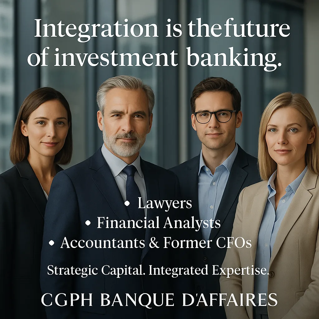 Quattro professionisti della finanza — avvocati, analisti finanziari, contabili e ex CFO — in un moderno ufficio europeo con pareti in vetro, simbolo dell’integrazione tra competenze legali, fiscali e finanziarie. L’immagine rappresenta CGPH Banque d’Affaires e il suo approccio strategico all’investment banking europeo basato su capitale strategico e intelligenza integrata