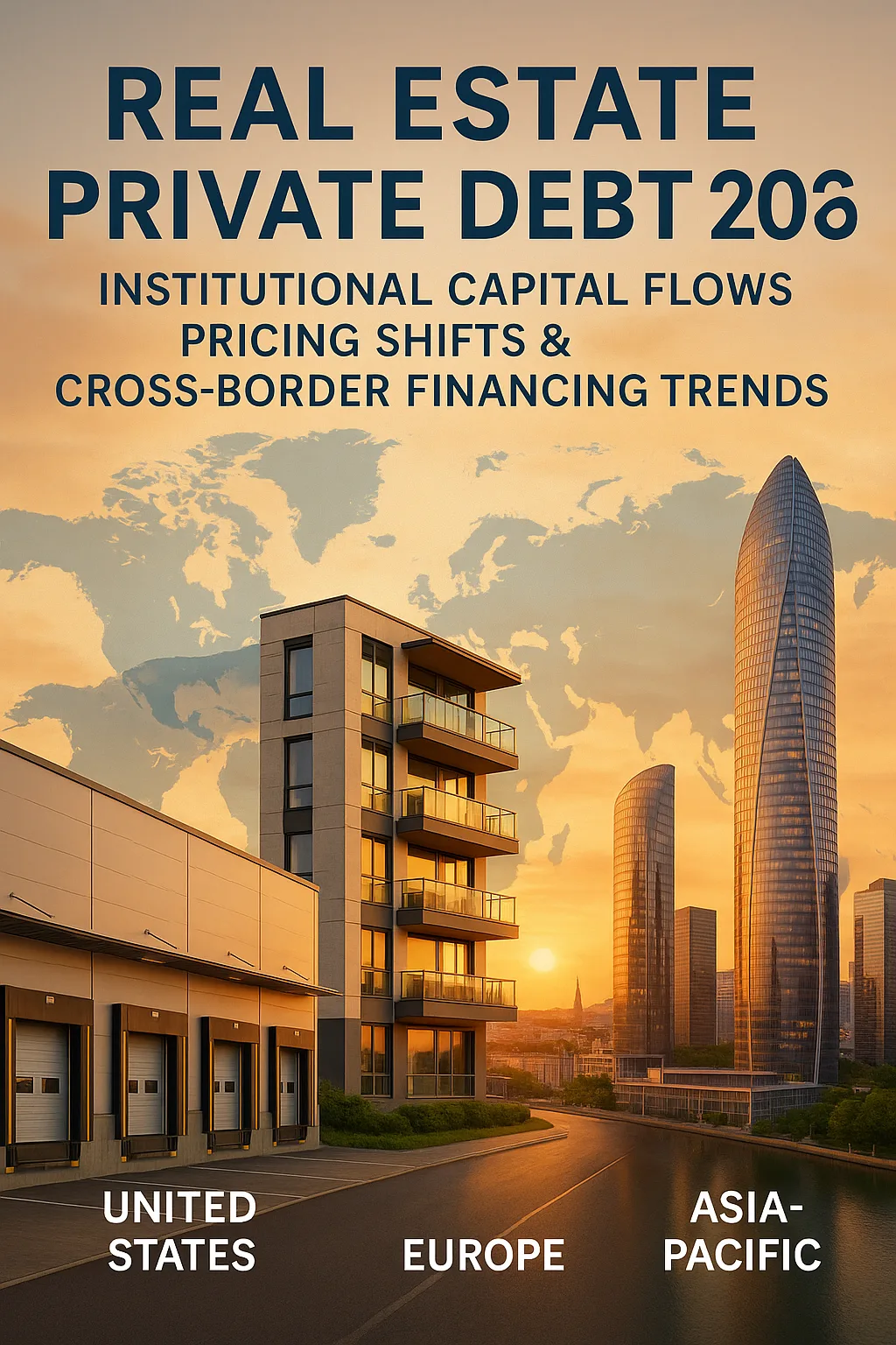 A composite real-estate image illustrating global private debt trends in 2026. The background features a warm sunset sky with a semi-transparent world map. In the foreground, three regional property types represent key institutional markets: a U.S. industrial logistics warehouse on the left, a modern European mid-rise residential and mixed-use building in the center, and a tall Asia-Pacific skyscraper on the right. Bold headline text reads ‘Real Estate Private Debt 2026: Institutional Capital Flows, Pricing Shifts & Cross-Border Financing Trends.’ Regional labels ‘United States,’ ‘Europe,’ and ‘Asia-Pacific’ appear beneath each corresponding property image.