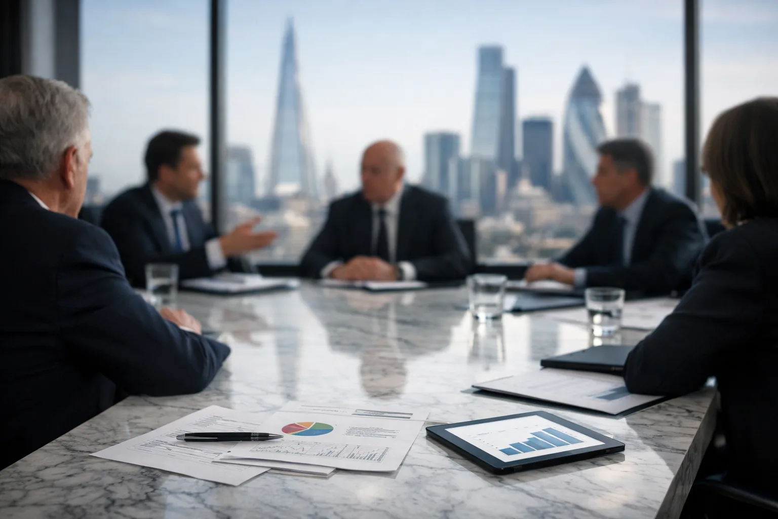 Institutional boardroom in London with marble table representing state-controlled investors in private credit and sovereign capital allocation