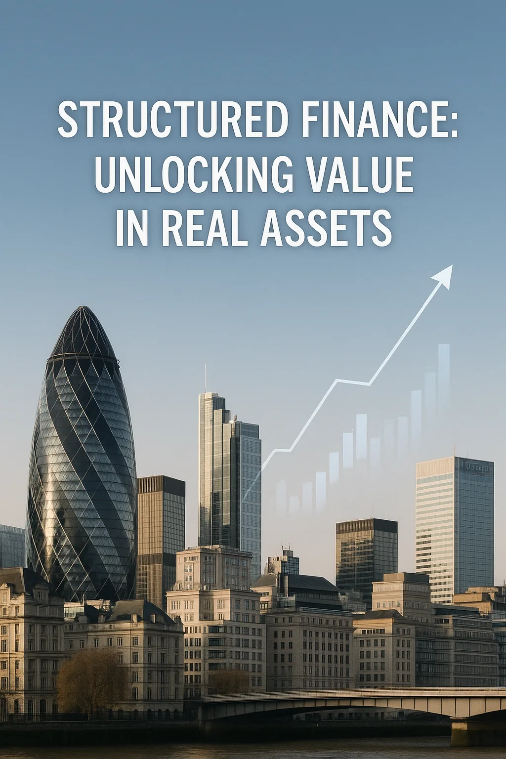 London financial district skyline with growth graph representing structured finance and real asset investment