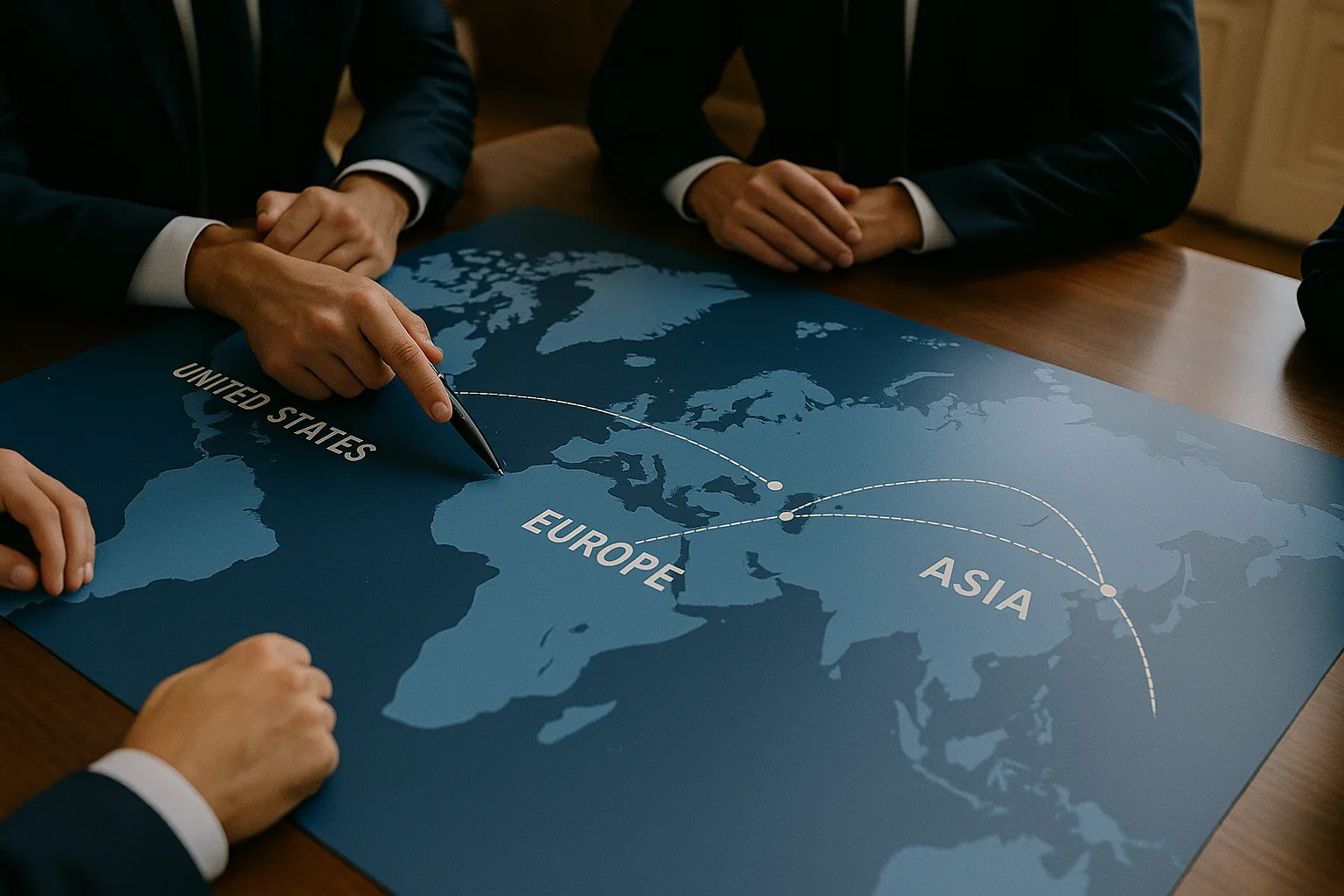 A close-up photo of business professionals in dark navy suits gathered around a wooden conference table, reviewing a large printed world map labeled “GLOBAL EXPANSION.” One person points at Europe with a pen while dotted white lines illustrate international routes connecting Europe, Asia, and the United States. The scene is softly lit, conveying a strategic discussion on international growth or cross-border business expansion.