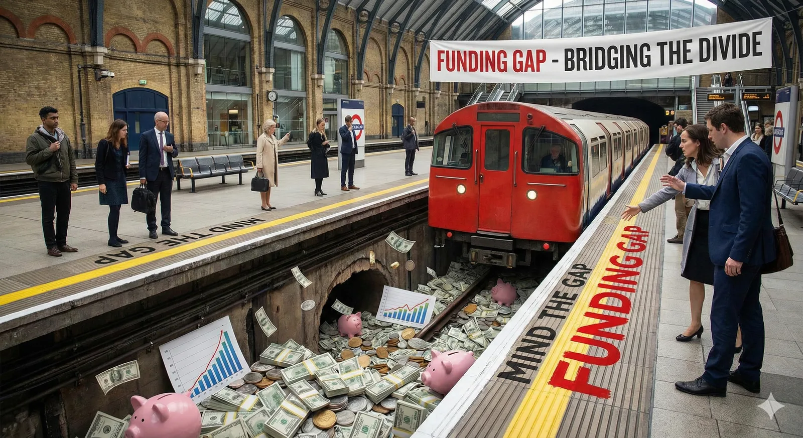 Visual metaphor of the corporate funding gap inspired by London's 'Mind the Gap' signage, supporting an analysis of Private Market investments and strategies to bridge the financing gap.