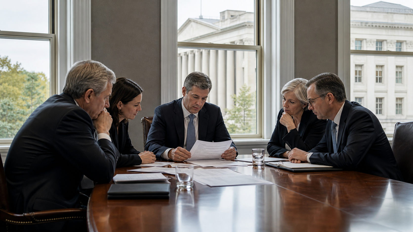 Senior debt-market professionals reviewing Treasury issuance documents in Washington, D.C.