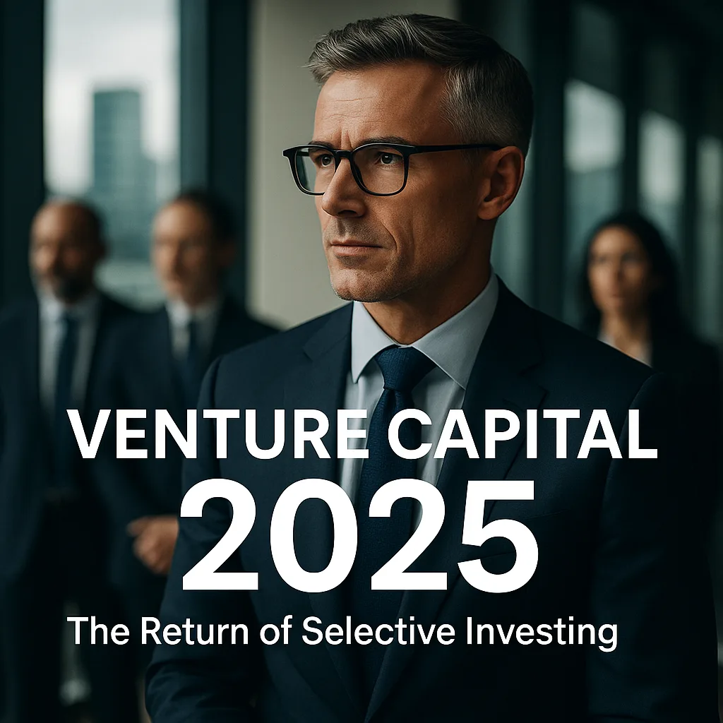 Immagine aziendale che raffigura dirigenti e investitori in un moderno ufficio europeo con pareti in vetro, mentre analizzano grafici finanziari e tendenze del venture capital 2025 su schermi digitali. L’atmosfera è elegante e professionale, simbolo di disciplina, strategia e investimento selettivo. Rappresenta CGPH Banque d’Affaires e la nuova era del venture capital europeo.
