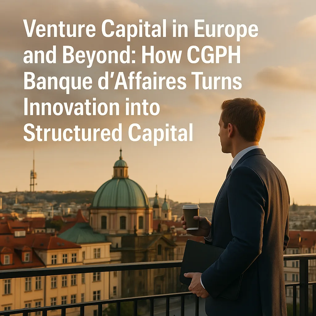 European venture capital investment concept with businessman overlooking historic European city at sunset, symbolizing how CGPH Banque d’Affaires turns innovation in biotech, climate tech, AI, and energy transition into structured capital.